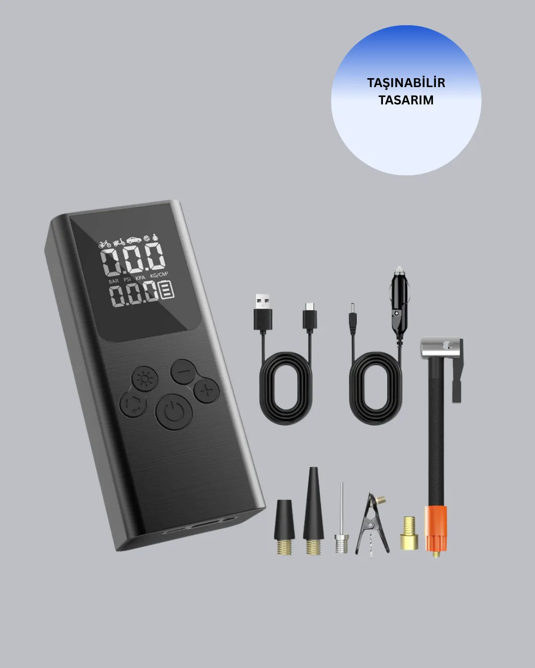 USB Şarjlı Taşınabilir Hava Kompresörü Dijital Ekranlı