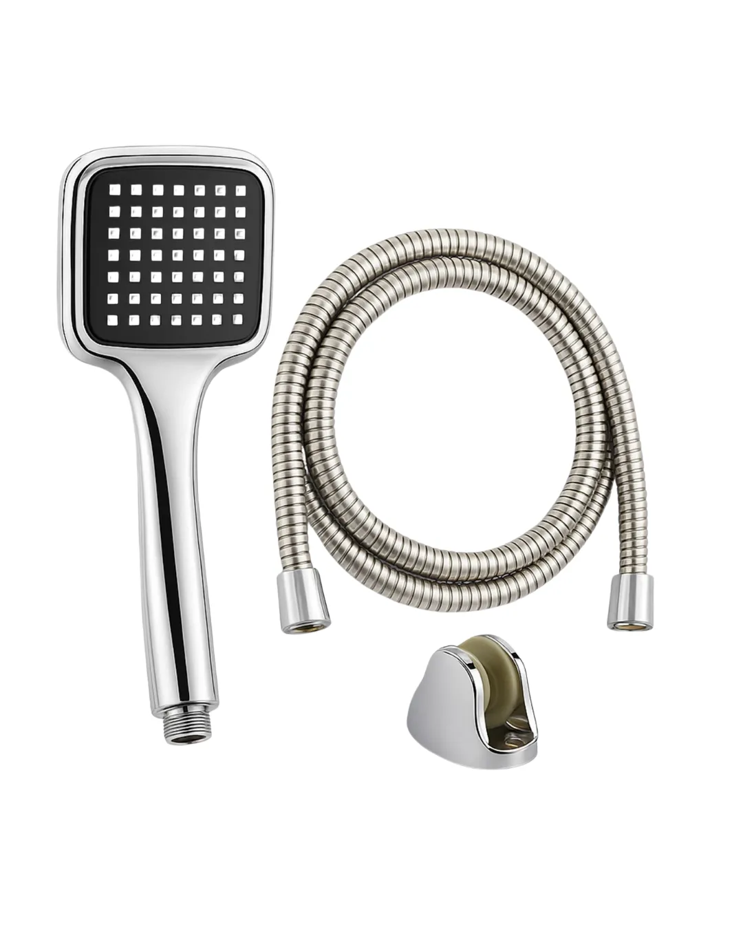 Siyah Duş Başlığı Seti Spiral Hortumlu El Duşu ve Duvar Askısı Banyo Seti