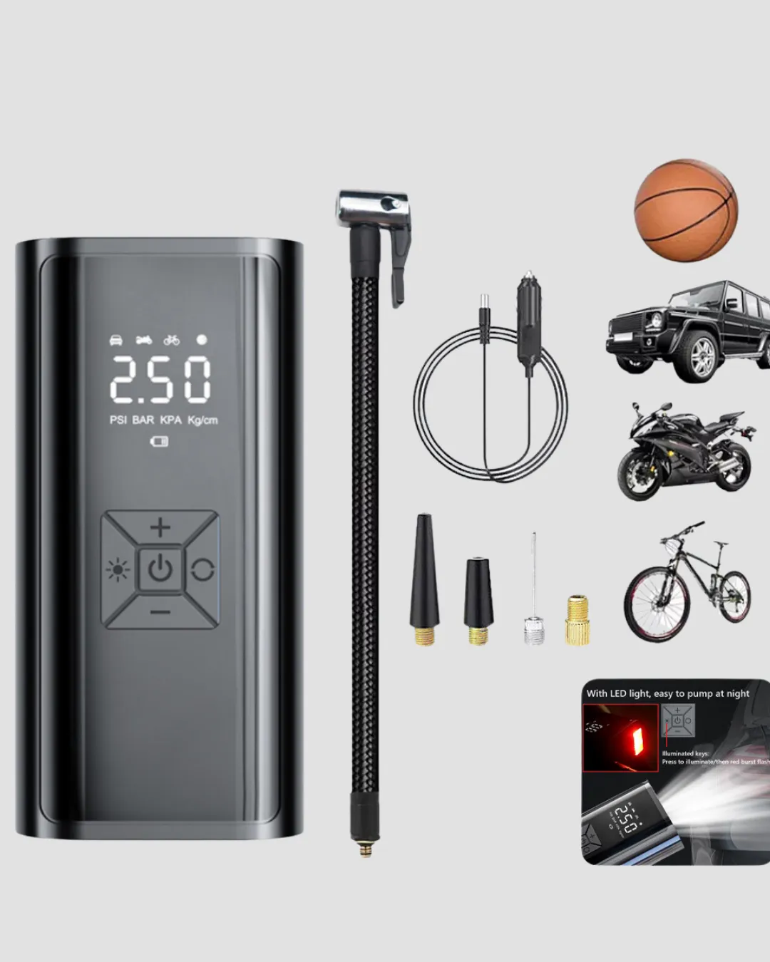 Dijital Ekranlı Kablosuz Hava Pompası LED Işıklı 12V 80W