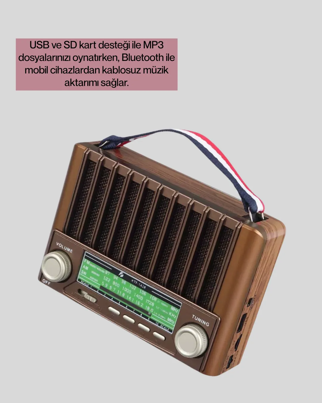 Solar Şarjlı Taşınabilir Radyo Bluetooth Hoparlör USB SD Destekli