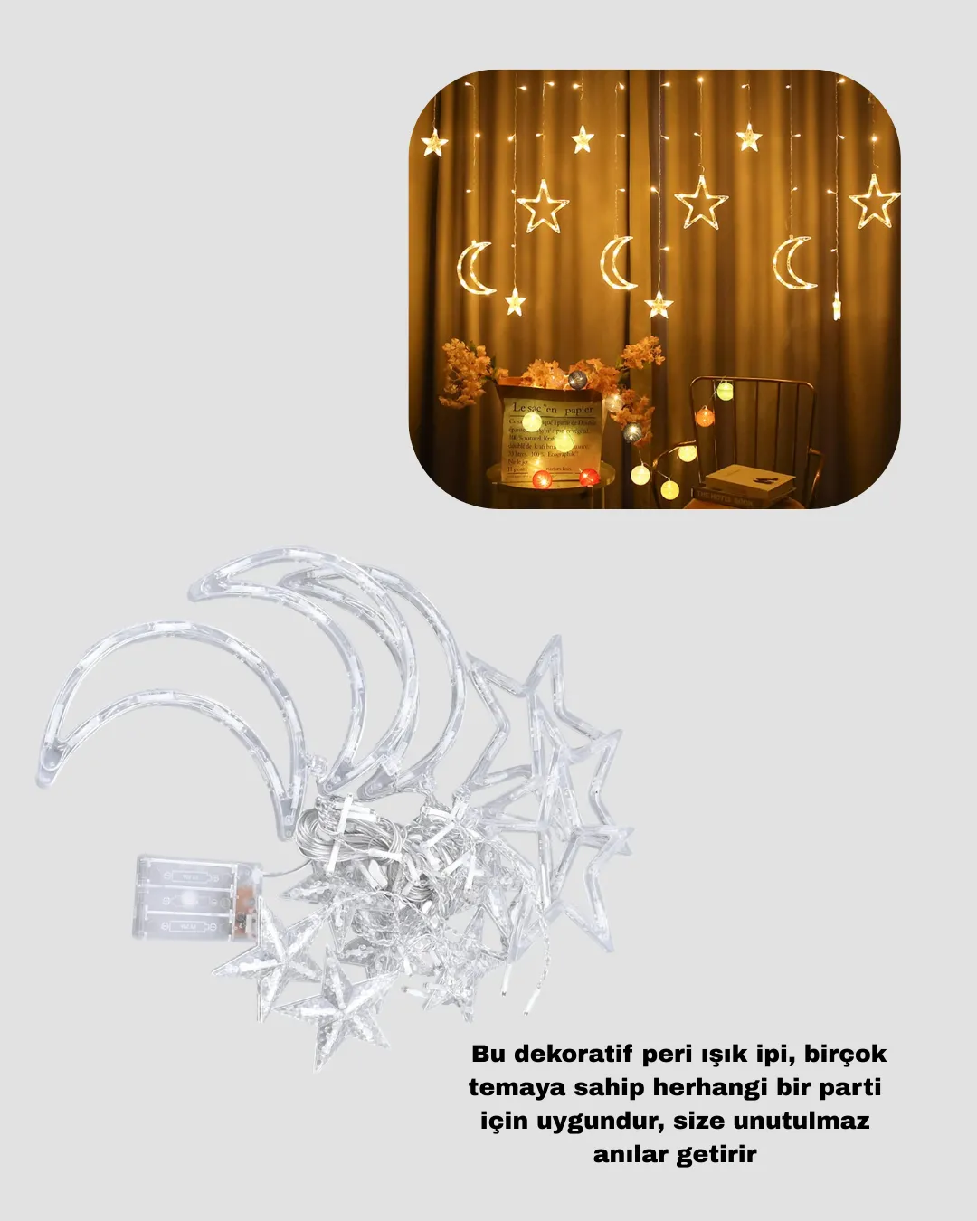 Prizli Perde LED Işık Yıldız ve Ay Figürlü Romantik Aydınlatma