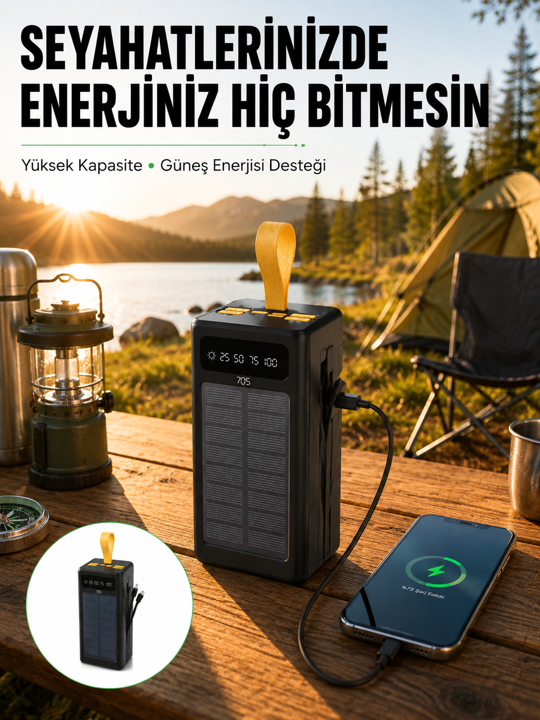 Taşınabilir Güneş Panelli Powerbank Çoklu Cihaz Şarj Destekli