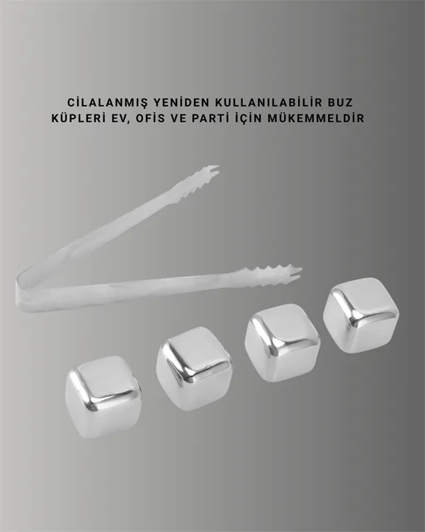 Yeniden Kullanılabilir 304 Çelik Metal Buz Küpleri 4'lü Set
