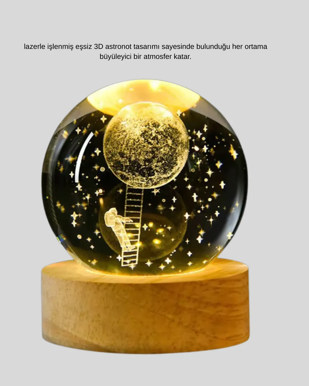 USB’li 3D Astronot Kristal Küre – Modern Uzay Temalı Gece Lambası