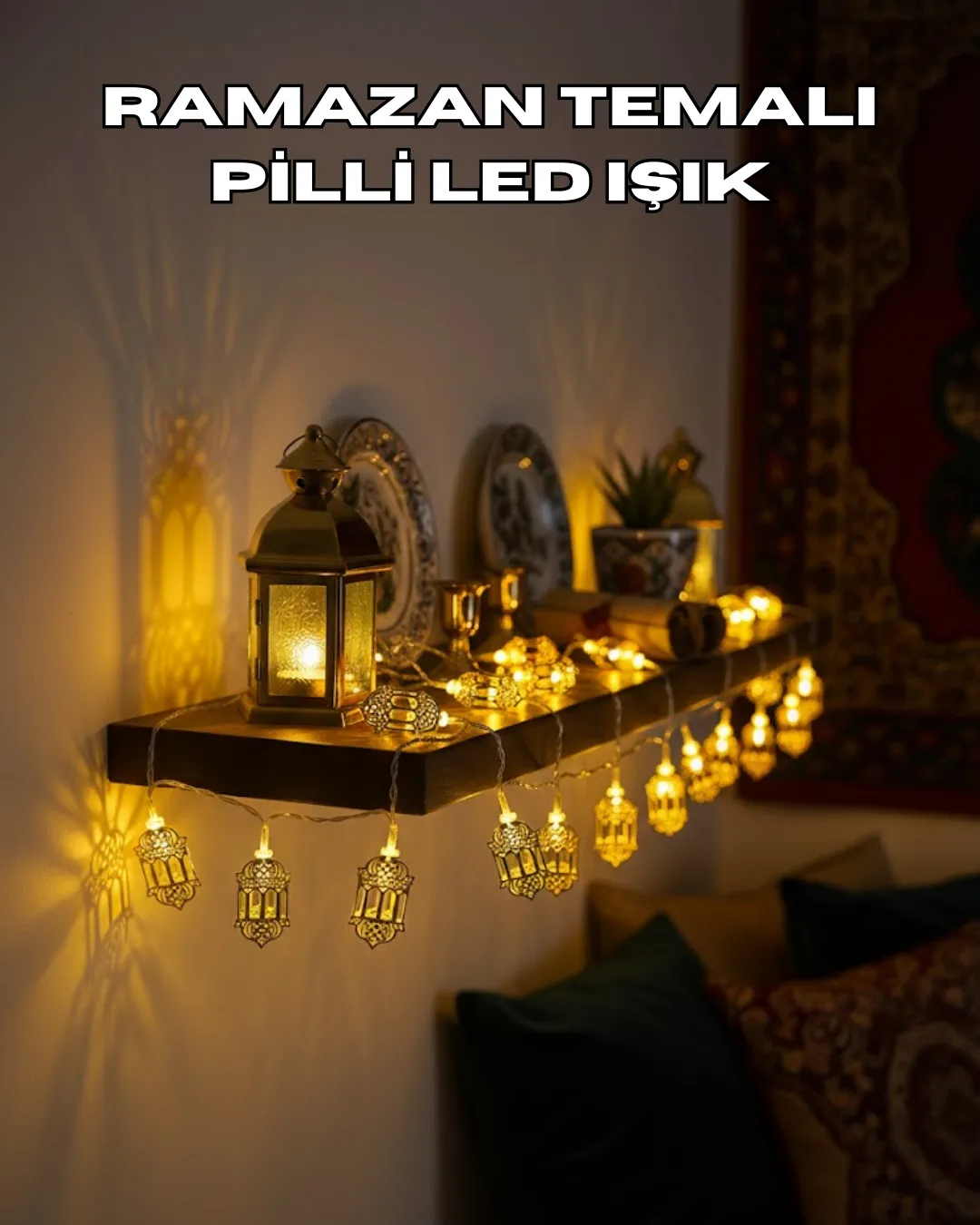 Pilli Altın Fenerli Ramazan Işıkları Dekoratif LED Zincir