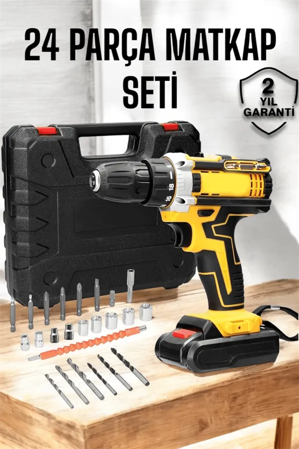 Çift Bataryalı Metal Dişli Darbeli Şarjlı Matkap Seti 24W Güç ve 24 Parça Aksesuar
