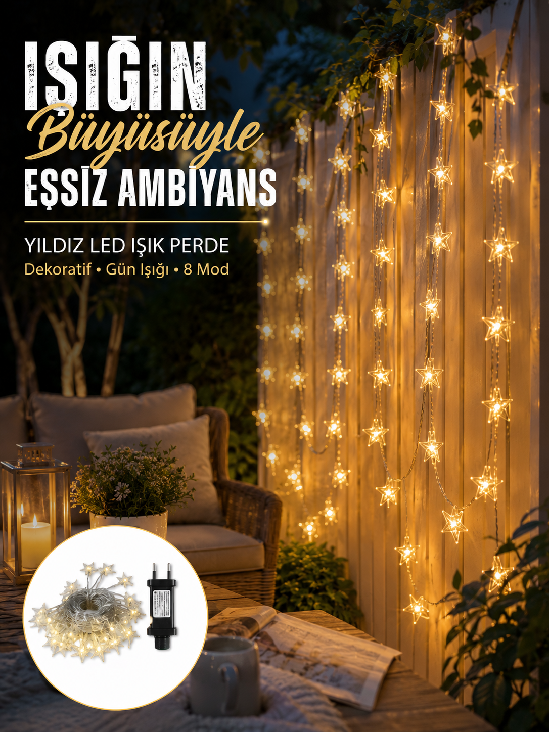 Dekoratif Yıldız Led Aydınlatma 20 Ledli 5 Metre Günışığı