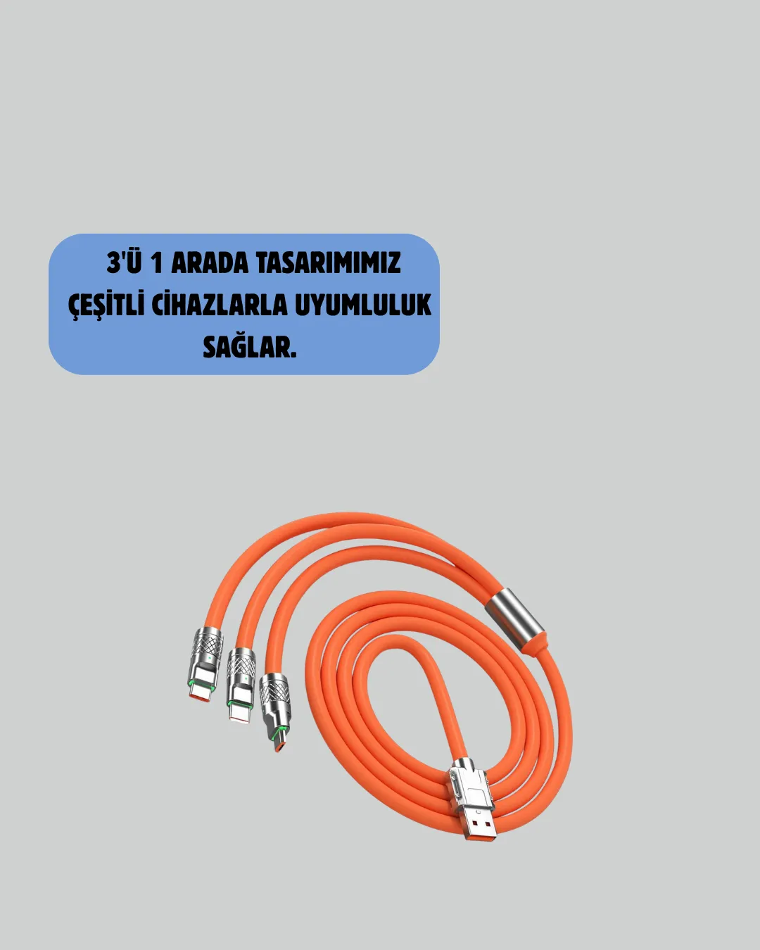 120 W Şarj ve Veri Aktarımı Kablo– 3 Başlıklı Çok Amaçlı Kablo Yüksek Hızlı