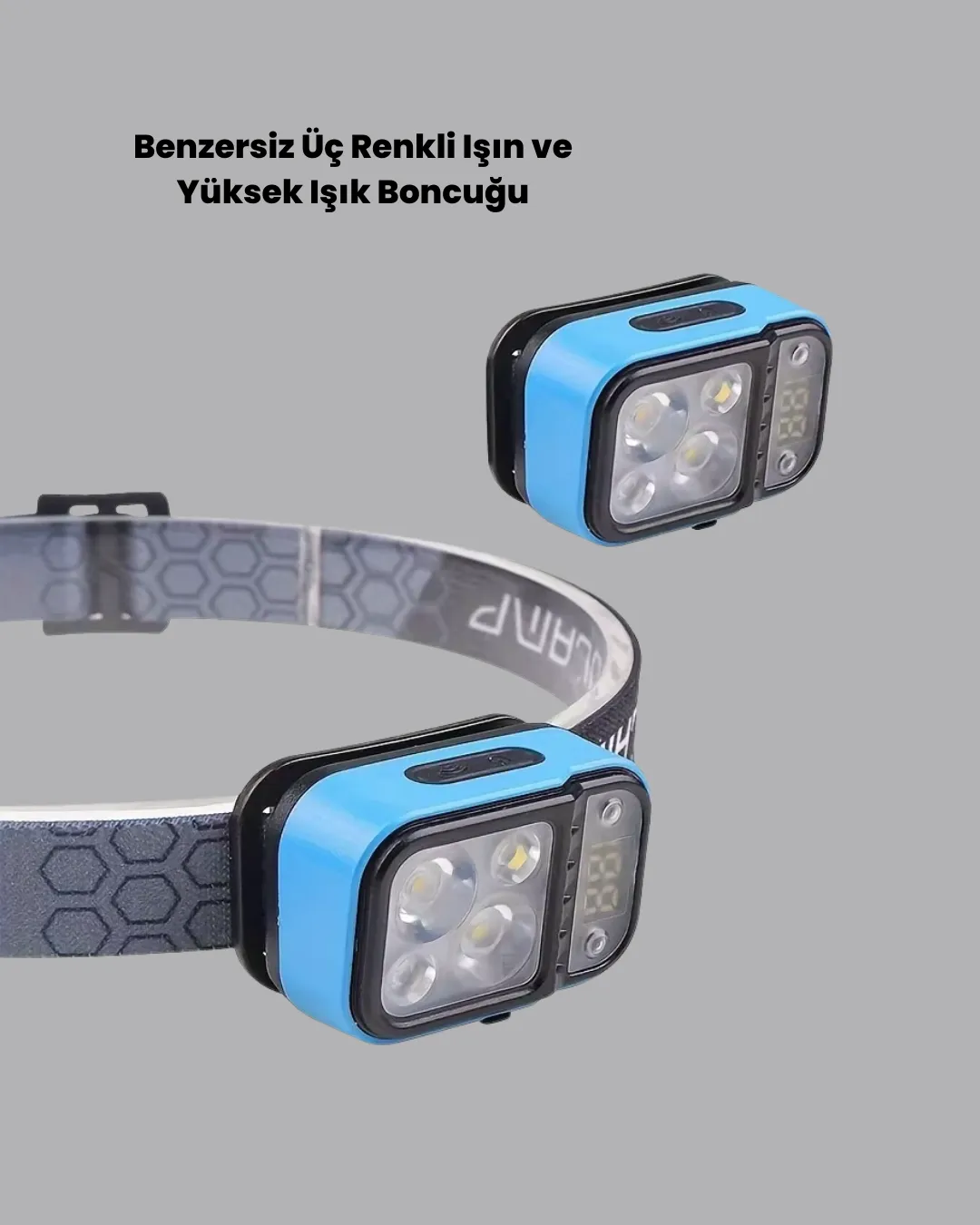 Üç Renkli LED Kafa Feneri 53 Mod Güç Göstergeli Type C Şarjlı