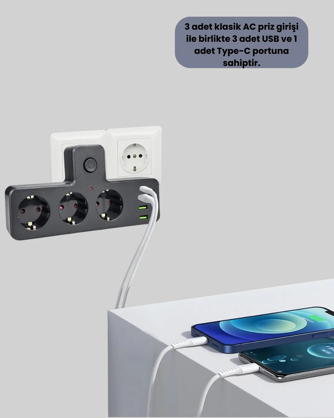7 Portlu Çoklu Priz USB ve Type-C Girişli Akıllı Güç Ünitesi