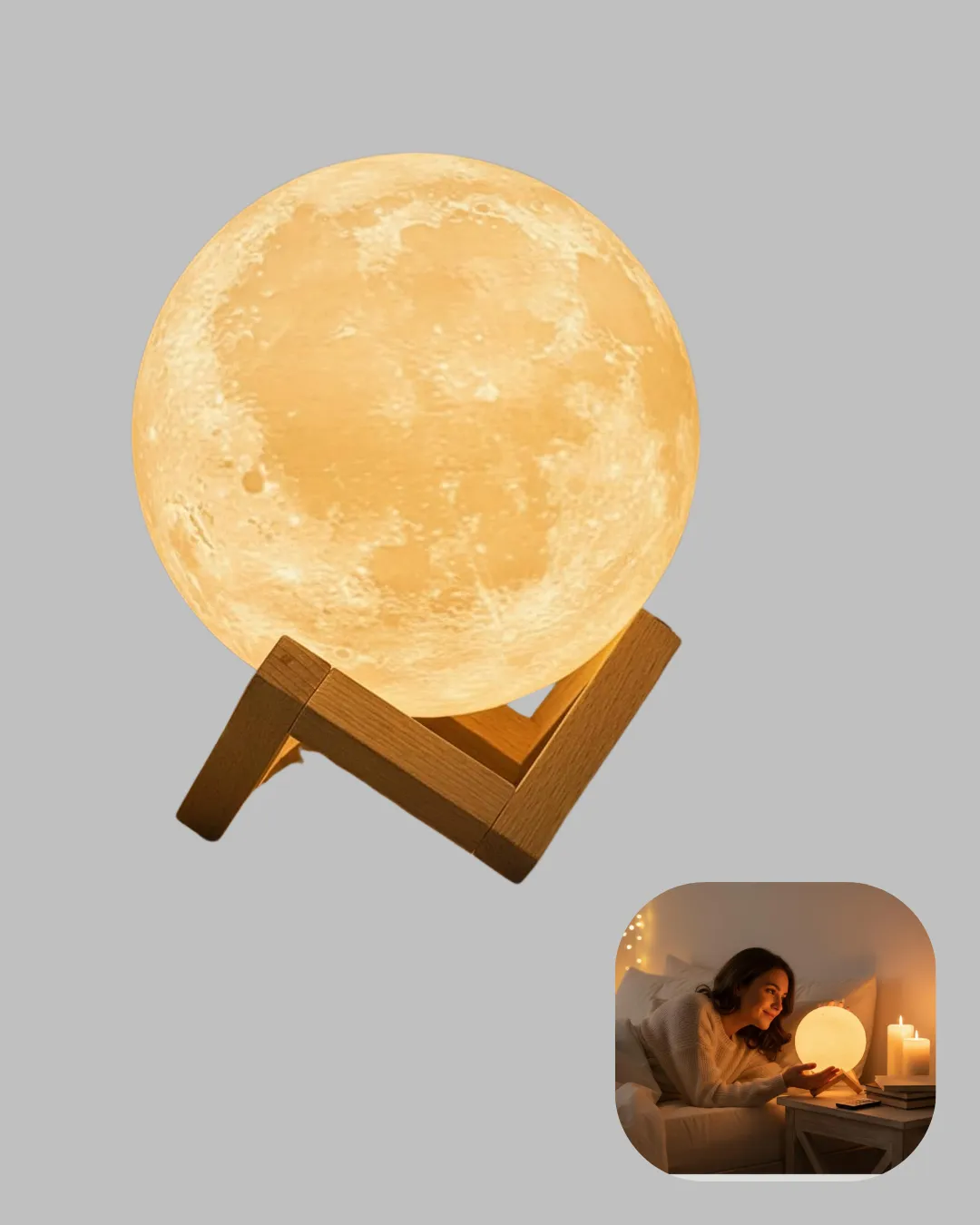 Ahşap Standlı 3D Baskı Ay Lambası 16 Renkli ve Şarjlı