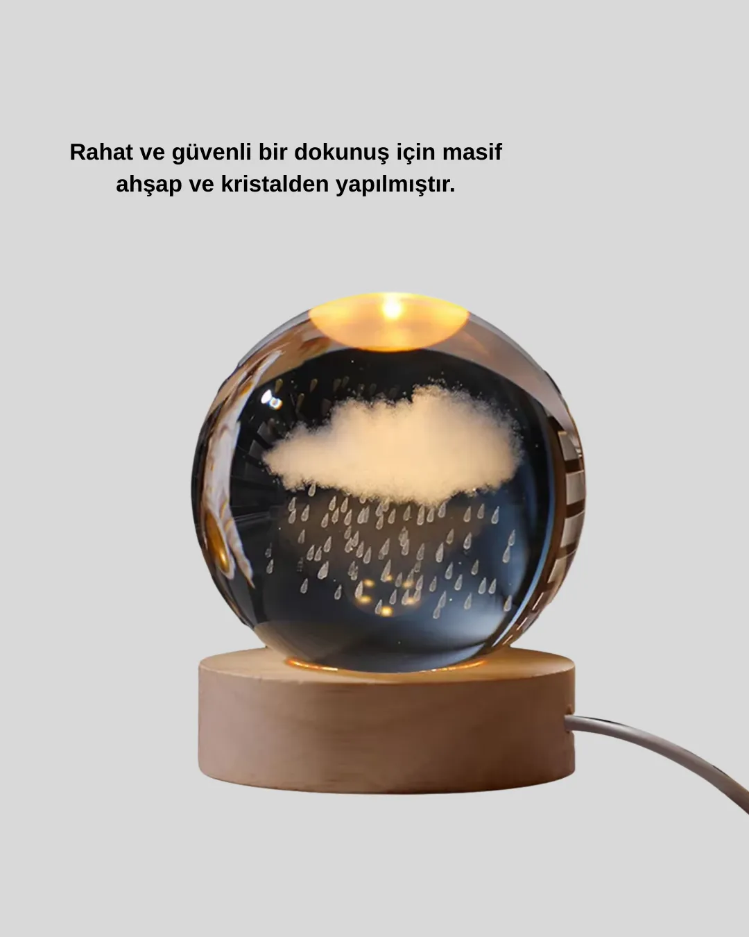 3D Yağmur Bulutu Desenli Kristal Top USB Gece Lambası Ahşap Tabanlı Dekoratif Lamba