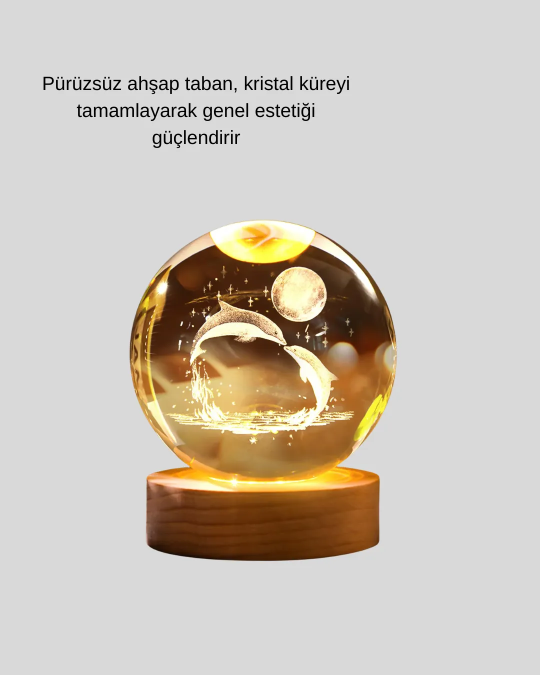 Yunus Temalı Kristal Küre USB Işıklı Ahşap Altlıklı Gece Lambası
