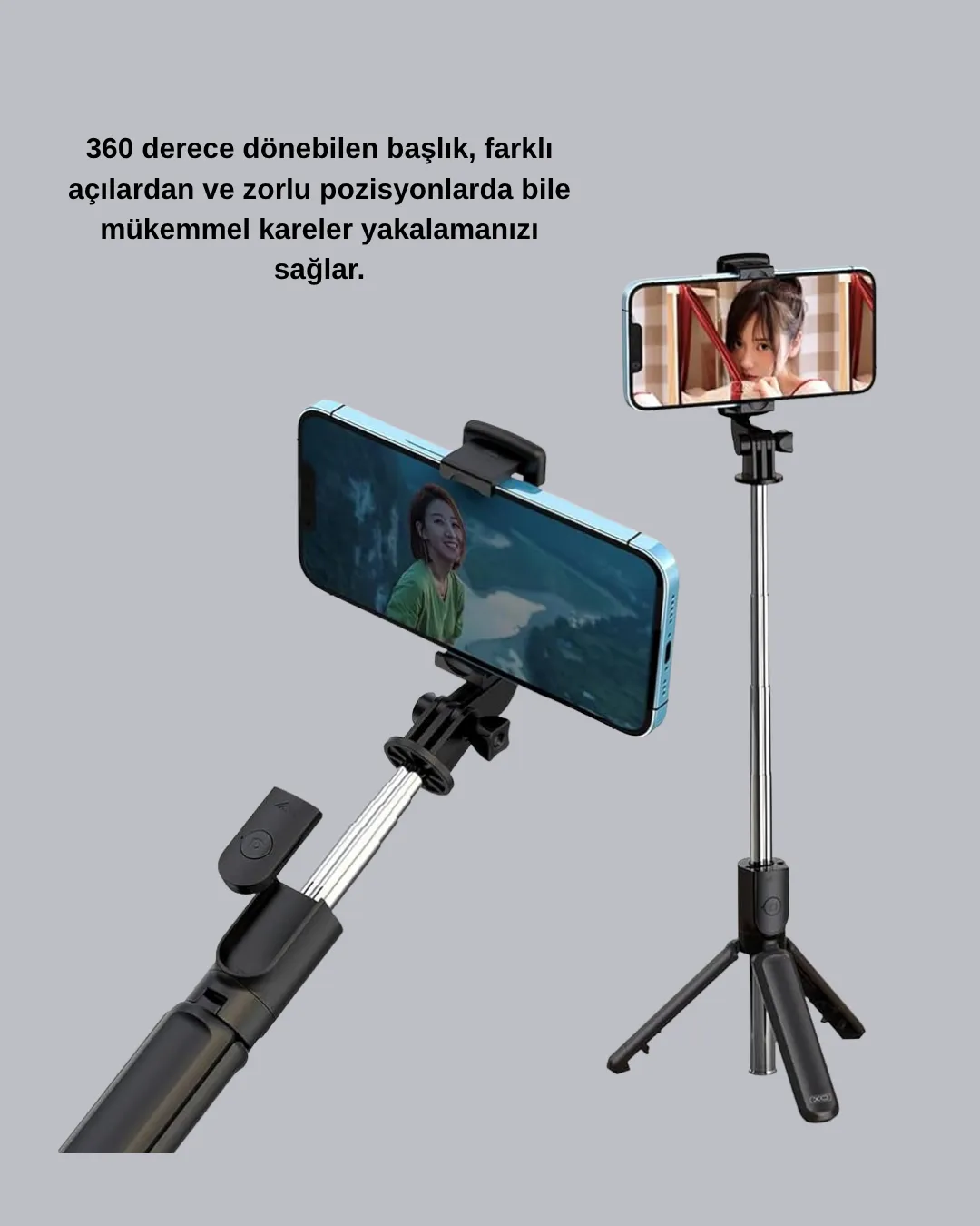 Bluetooth Selfie Çubuğu – 360° Dönebilen Başlık, Kablosuz Bağlantı