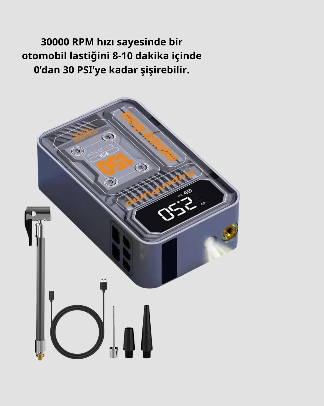 Şarjlı Kablosuz Hava Pompası – 150 PSI Basınç, LED Ekran ve 6000mAh Batarya