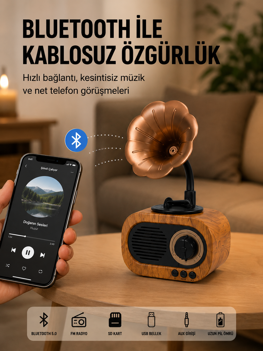 Mini Nostaljik Bluetooth Hoparlör FM Radyo 8 Saat Batarya