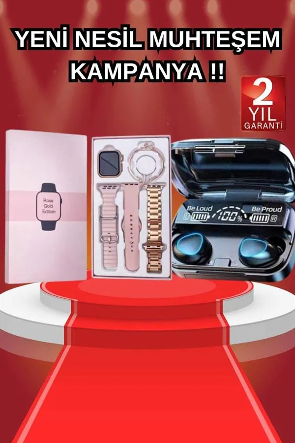 Aksesuar Hediyeli Akıllı Saat ve Dijital Göstergeli Powerbankli Bluetooth Kulaklık