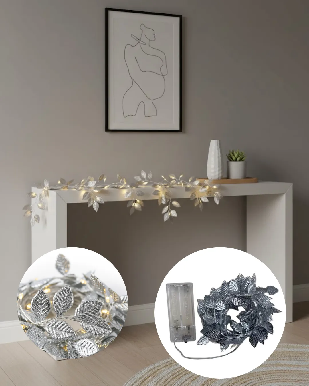 Pilli Gümüş Yaprak LED Işık Ev İçi ve Yılbaşı Dekor Aydınlatması