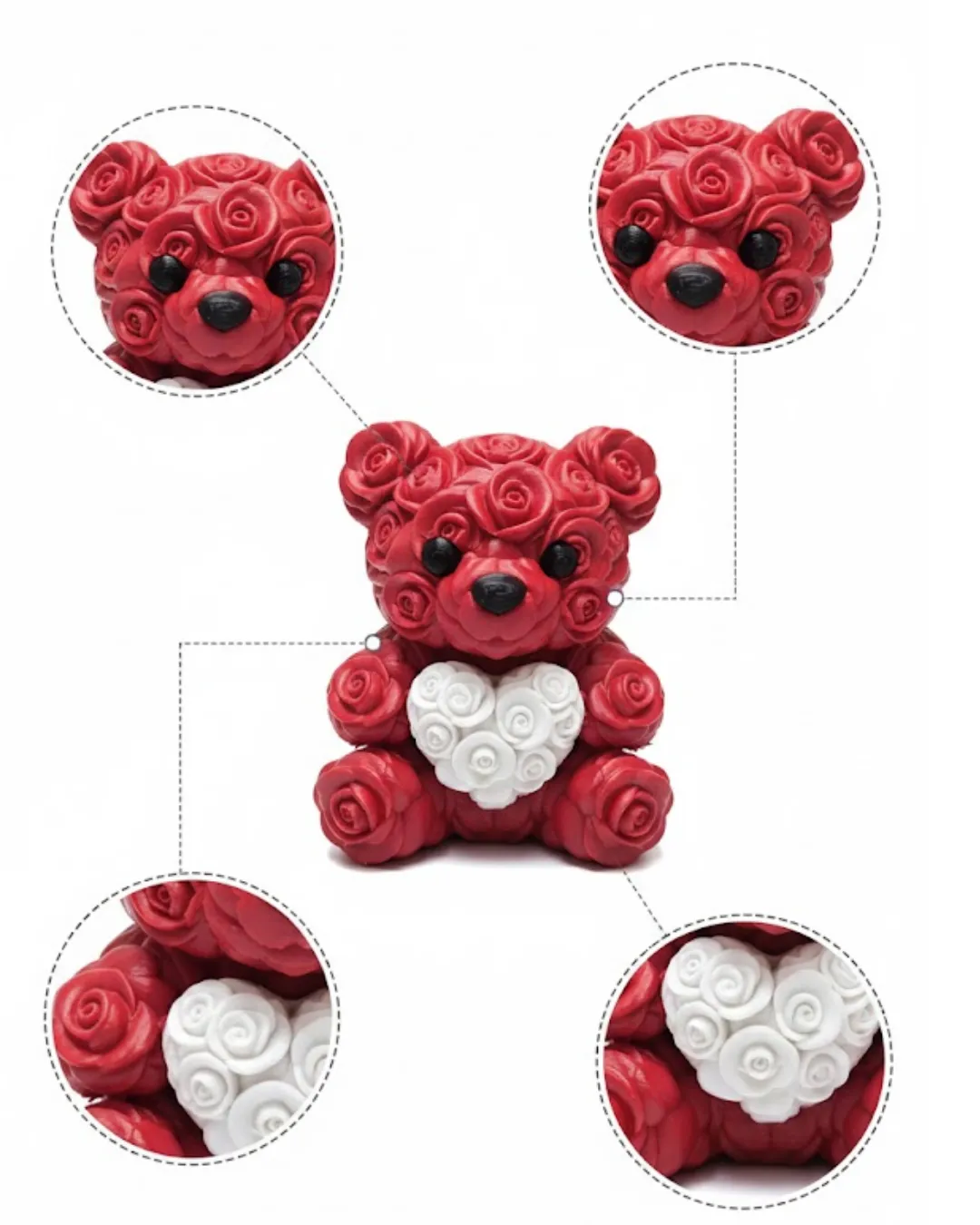 3D Gül Tasarımlı Kalp Ayıcık 10cm Şık Dekoratif Biblo