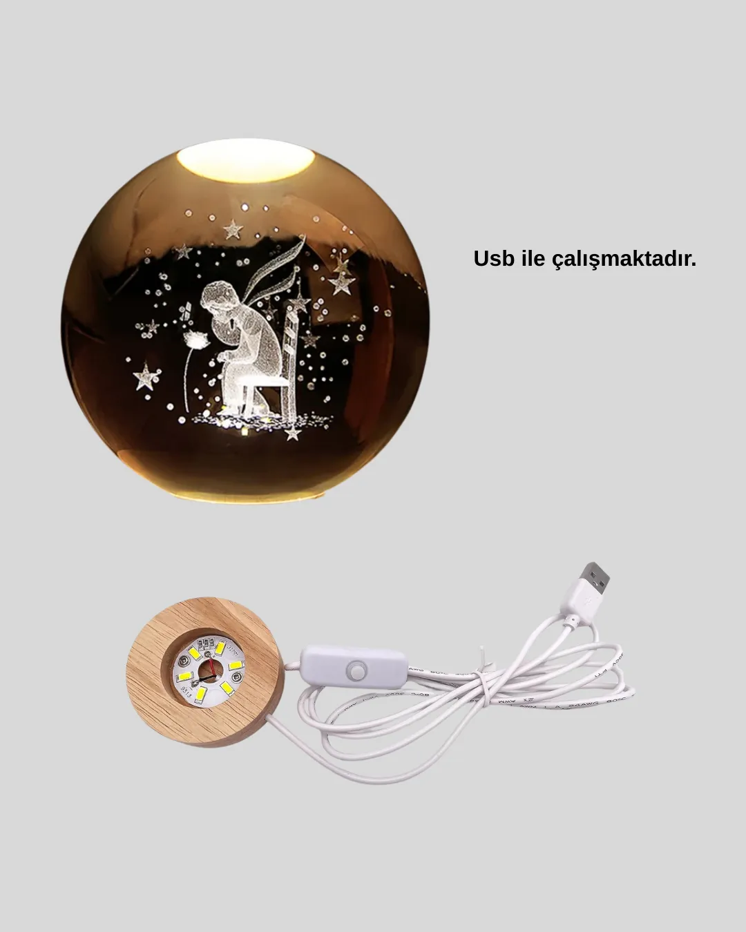 8 cm Küçük Prens Cam Küre USB Işıklı Ahşap Tabanlı Dekor