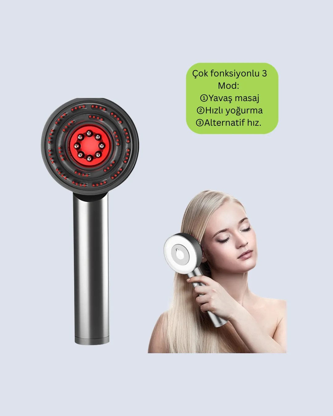 Şarjlı Saç Derisi Masaj Cihazı Kırmızı Işık ve 3D Tarak Dişli