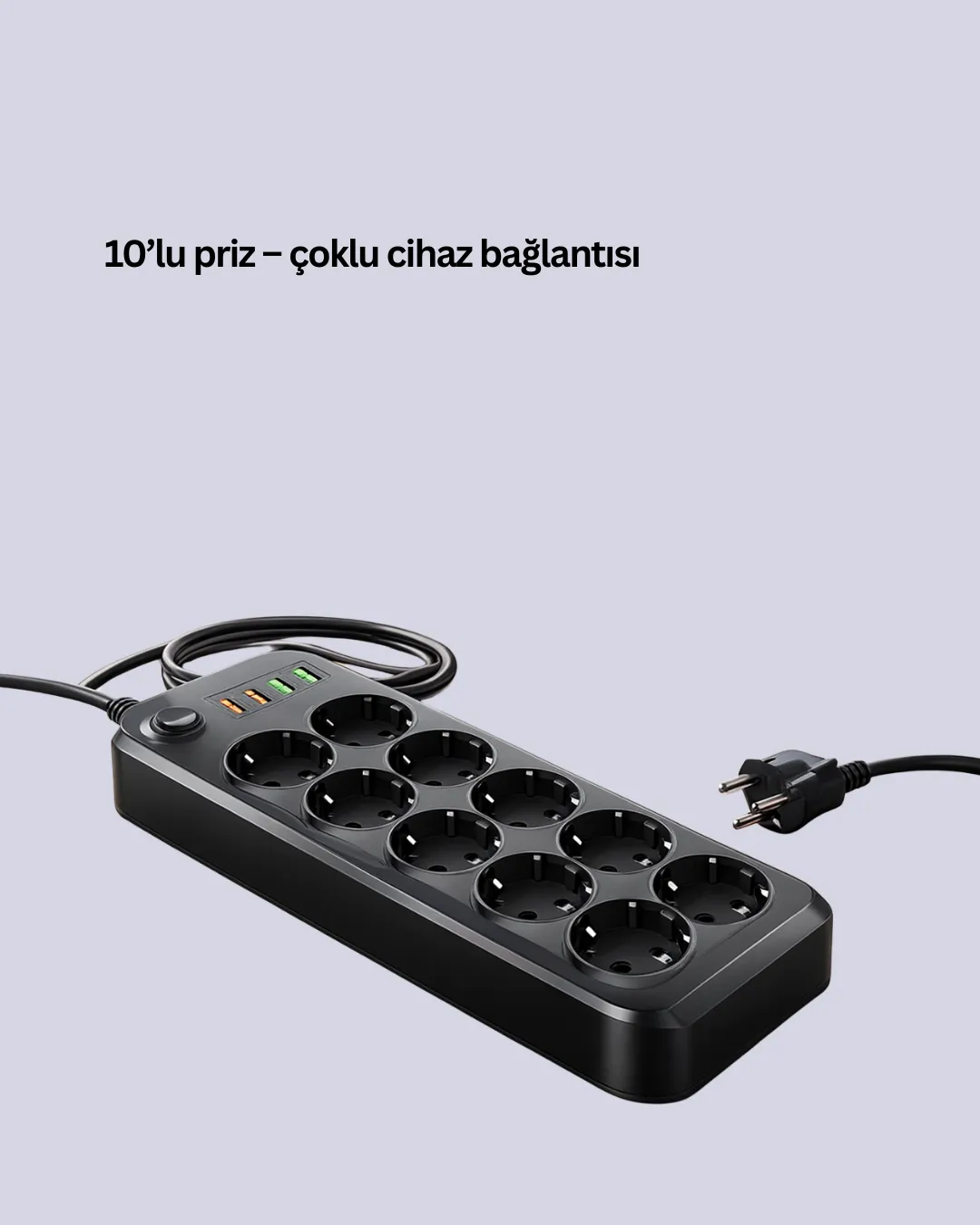 USB Type-C Destekli 10’lu Grup Priz Termal Korumalı 2m Kablo 2500W