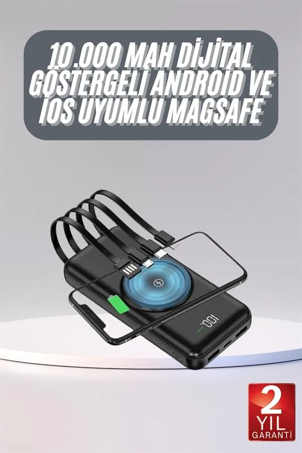 Kablosuz Çoklu Şarj Girişli 10.000 Mah Kablolu Powerbank Taşınabilir