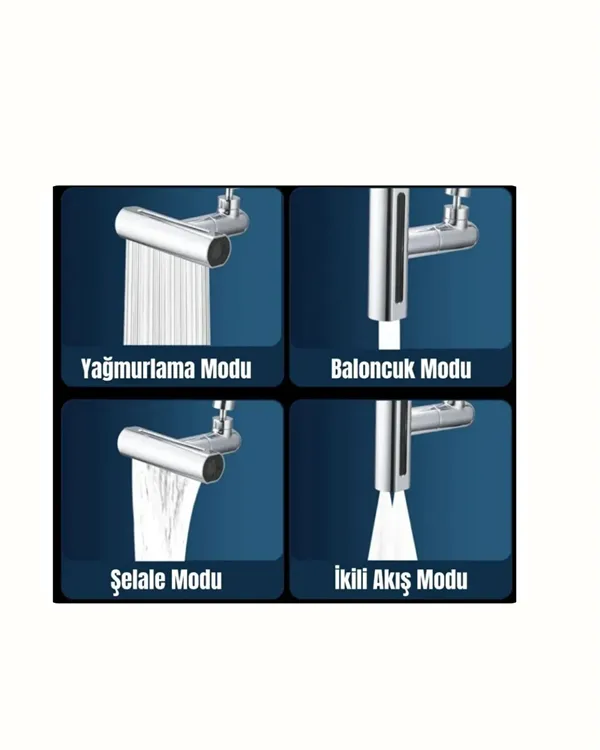 Çok Fonksiyonlu Musluk Başlığı | 4 Su Modu | Geniş Uyumlu Adaptör Seti | Mutfak ve Banyo Uyumlu