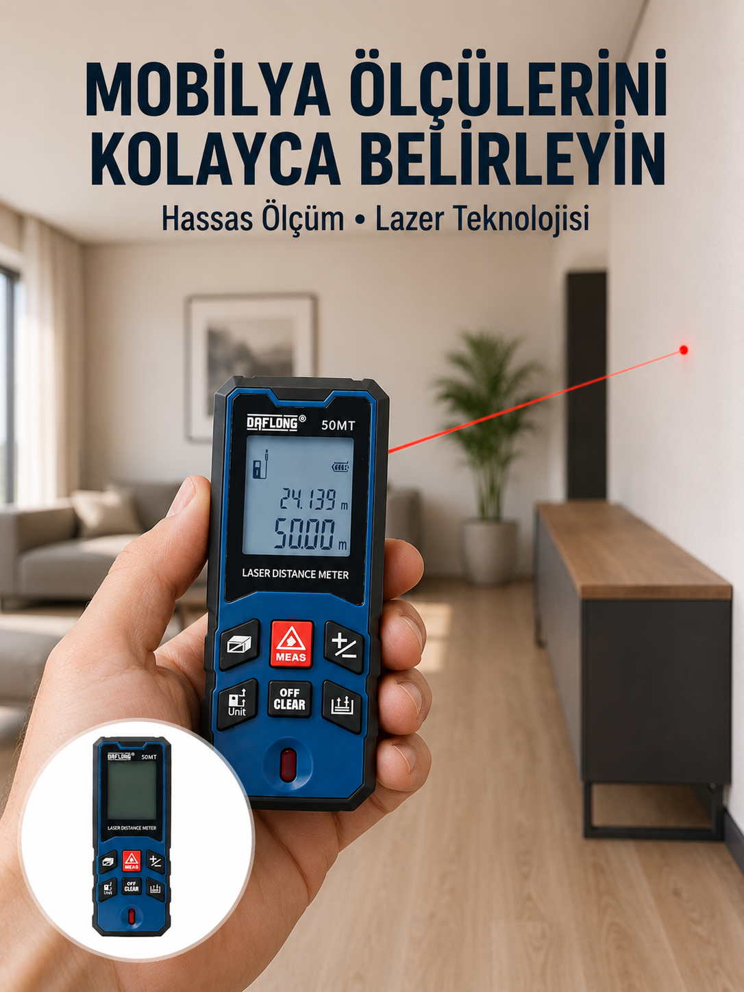 50 Metre Lazer Ölçüm Cihazı Alan ve Mesafe Hesaplama