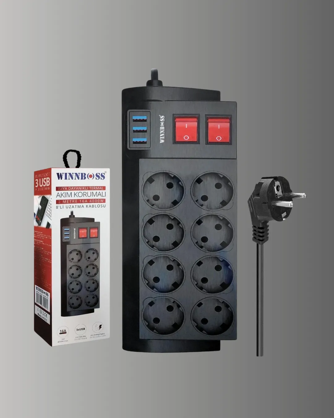 Termal Korumalı 8 Prizli 3 USB’li Uzatma Kablosu