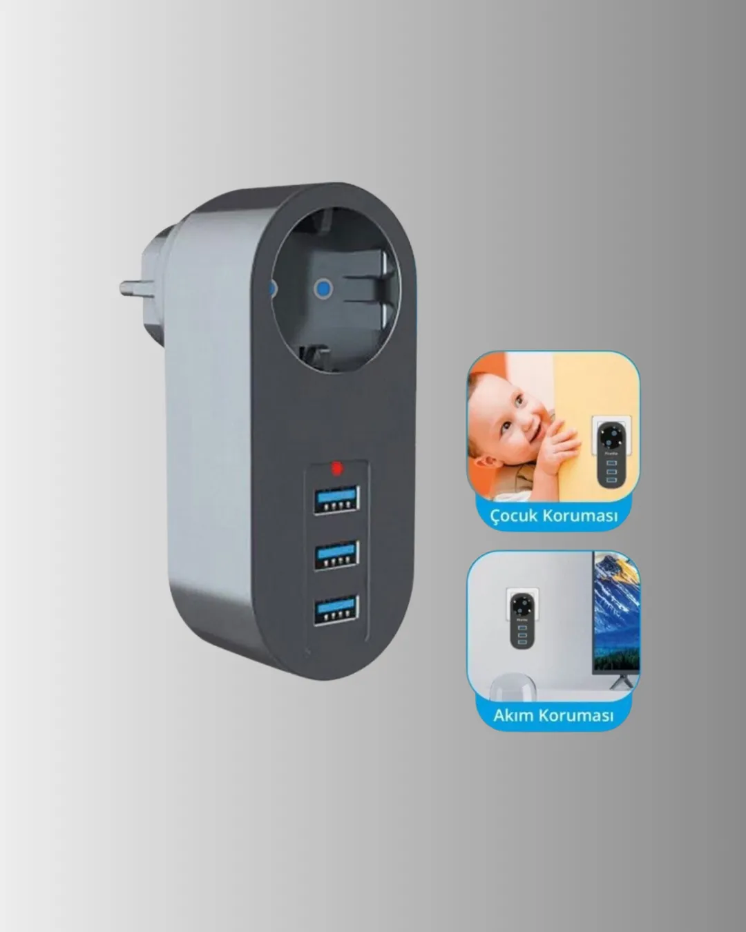 Akım Korumalı USB’li Priz – Güçlü 2500W, Isı ve Çocuk Koruması