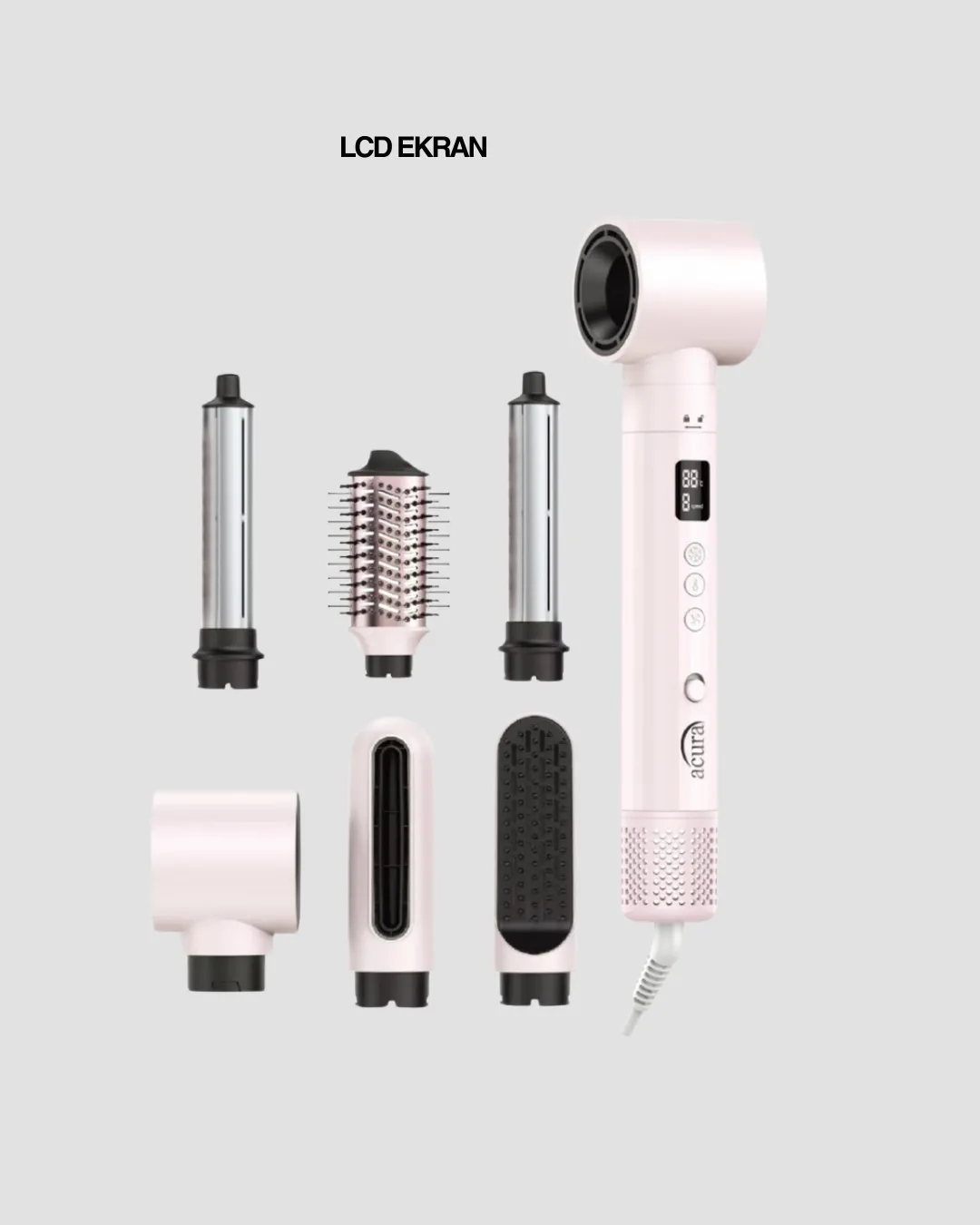 6-in-1 Saç Şekillendirme Seti Yüksek Hızlı Motor Negatif İyon LCD Ekran