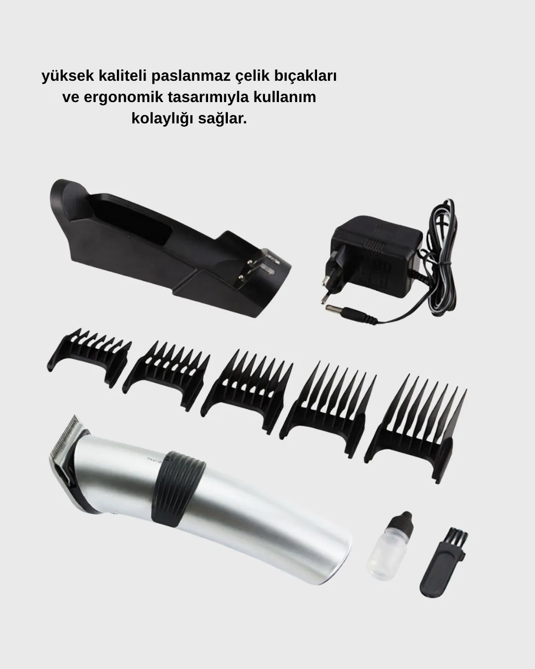 Profesyonel Şarjlı Saç ve Sakal Kesme Makinesi – Paslanmaz Çelik Bıçaklı, Ergonomik ve Sessiz Motorlu