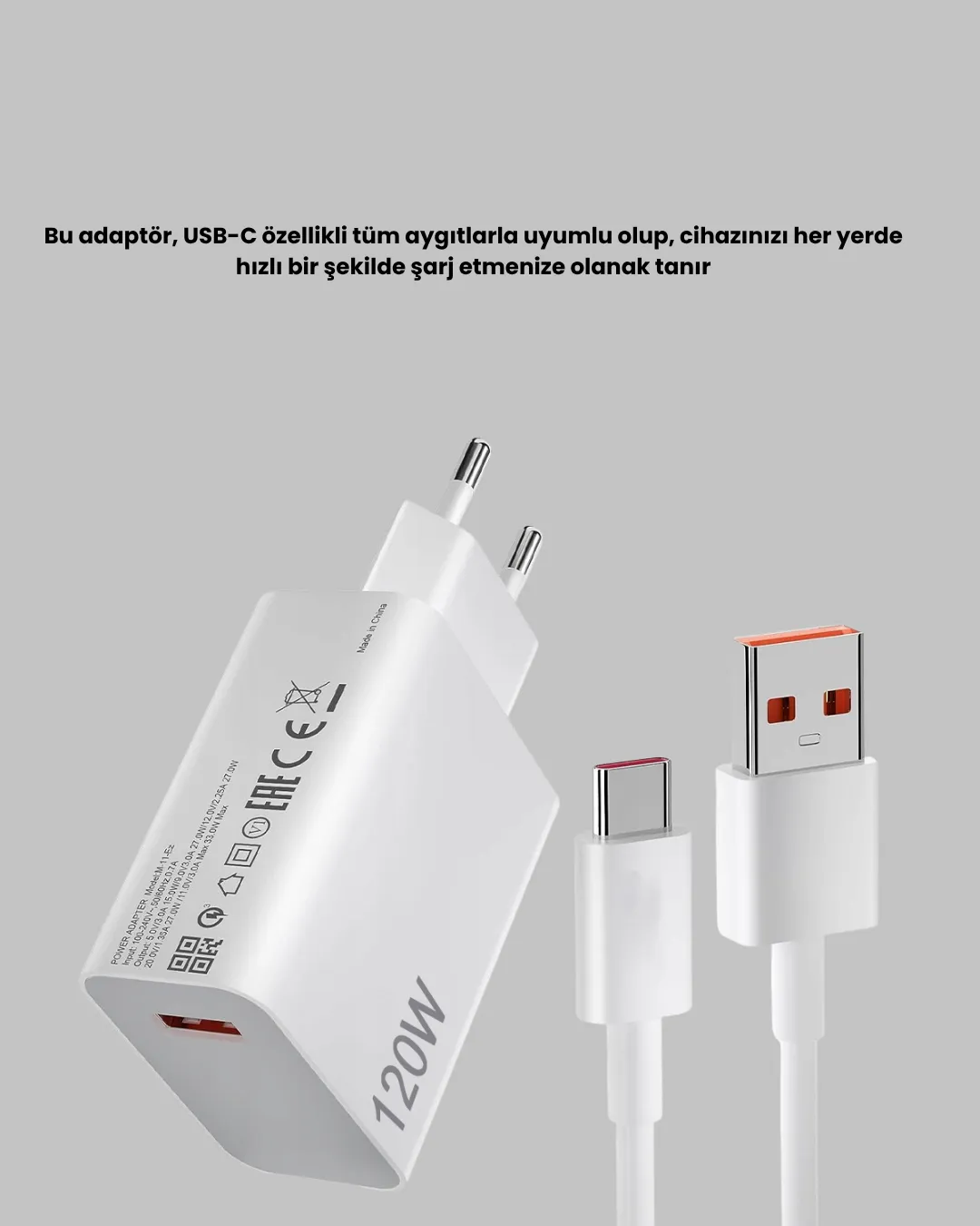 120W Hızlı Şarj Başlığı Ultra Güçlü Type-C Adaptör Kablo Dahil