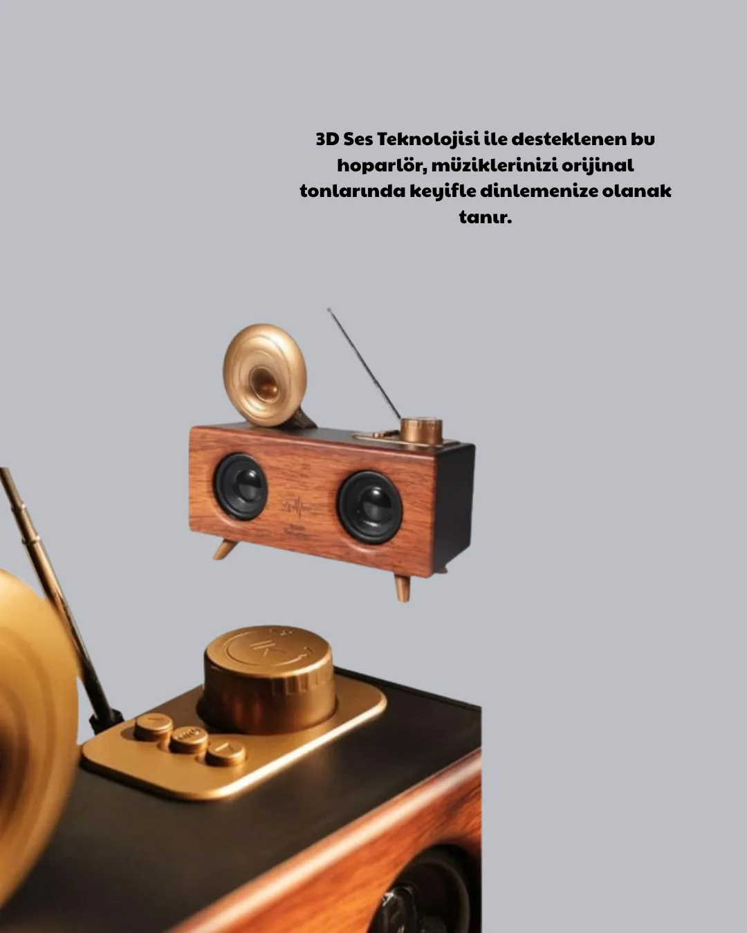 Retro Gramofon Tasarımlı Bluetooth Hoparlör – 3D Stereo Ses, 1800 mAh Batarya