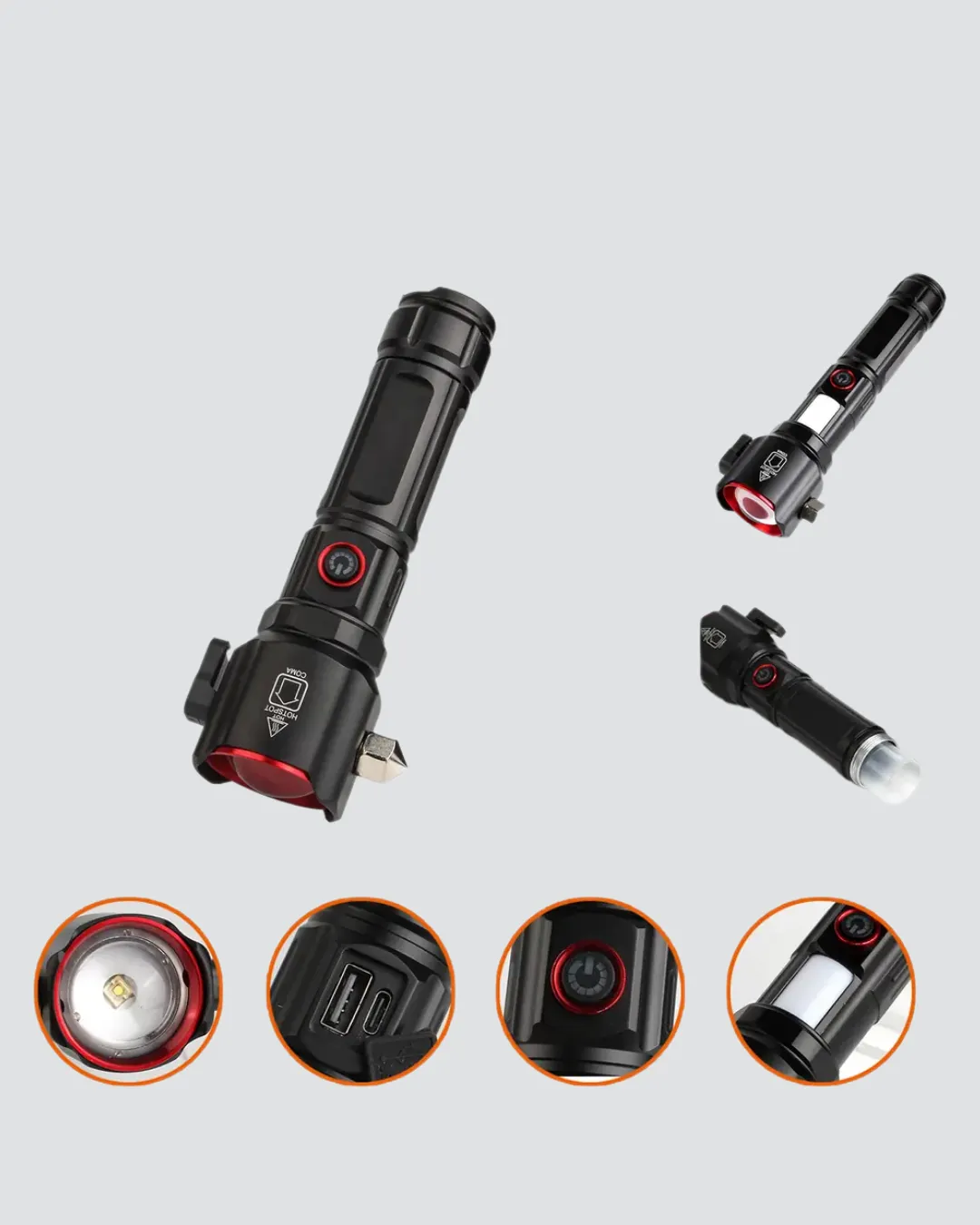 USB Şarjlı Çok Amaçlı El Feneri Çekiçli Pusulalı