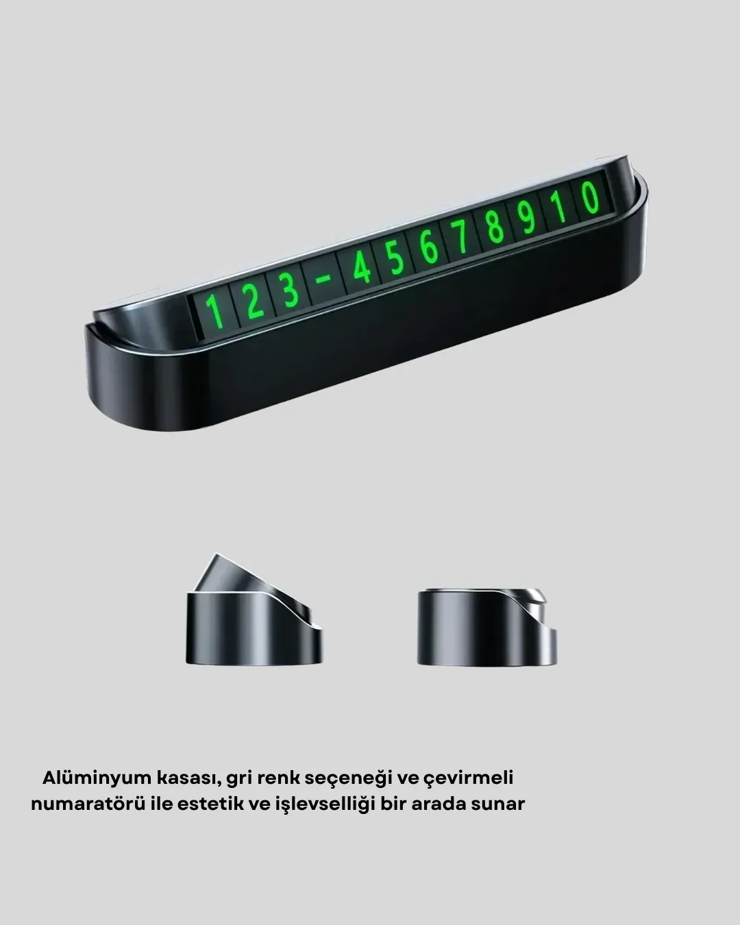 Gri Alüminyum Araç İçi Telefon Numaratörü – Dayanıklı, Modern ve Net Görünürlük Sağlayan Tasarım
