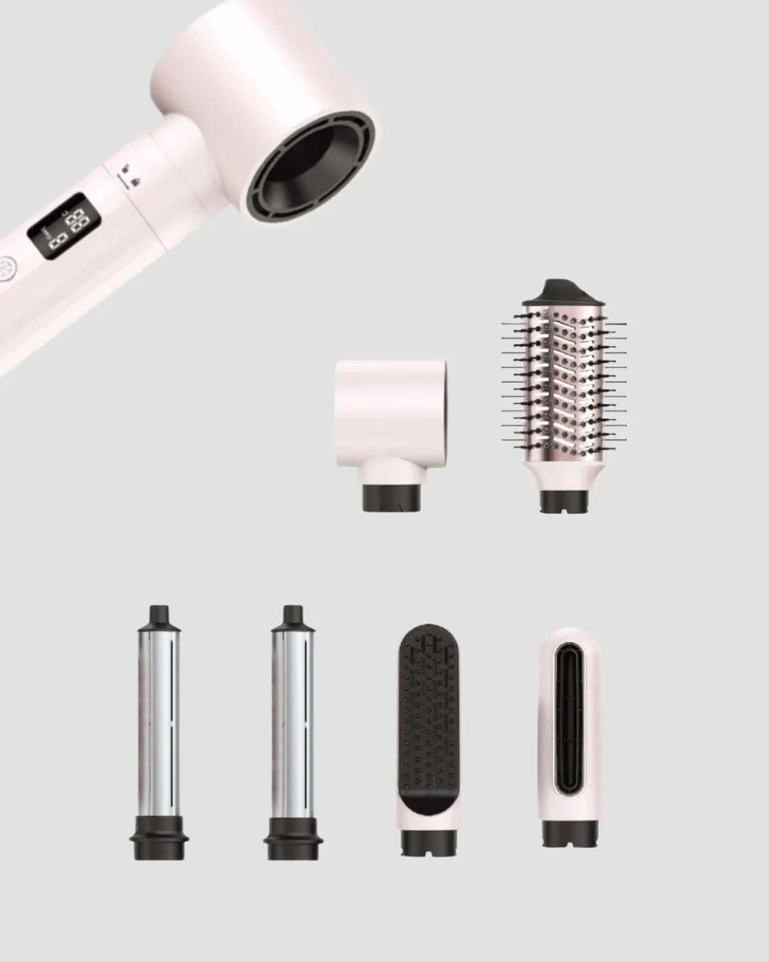 6-in-1 Saç Şekillendirme Seti Yüksek Hızlı Motor Negatif İyon LCD Ekran