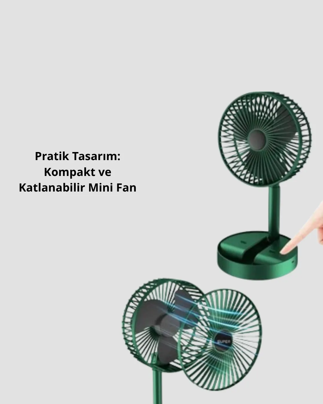 Şarjlı Katlanabilir Mini Fan – 3 Kademe Hız Ayarı, Taşınabilir Tasarım