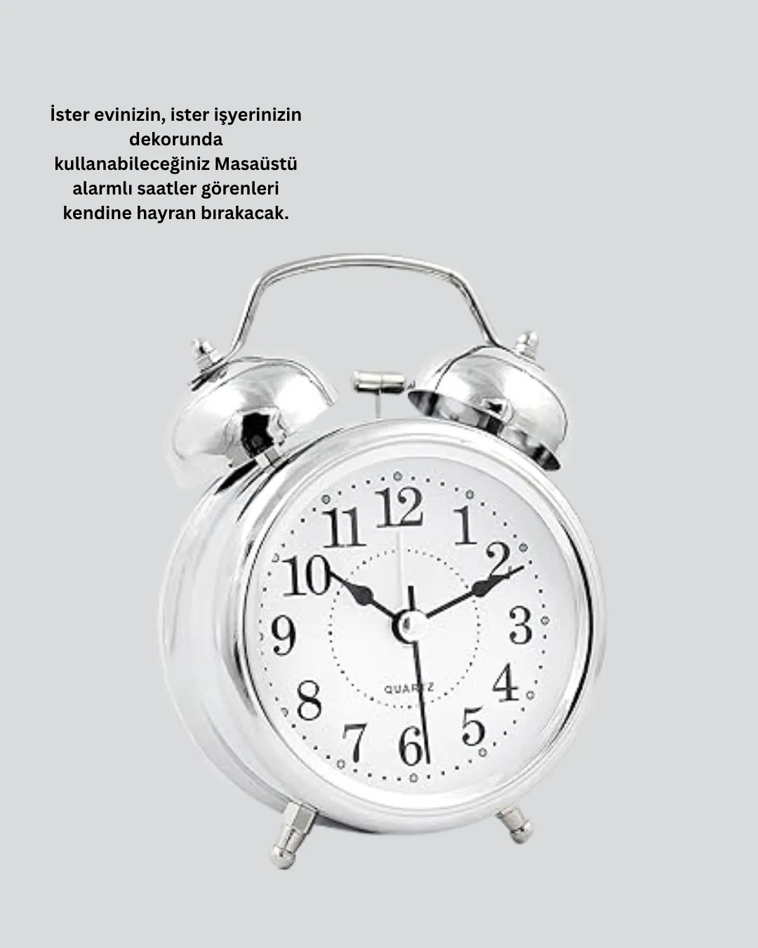 Yuvarlak Gümüş Dekoratif Işıklı Masa Üstü Saat Alarmlı Sessiz Çalışma