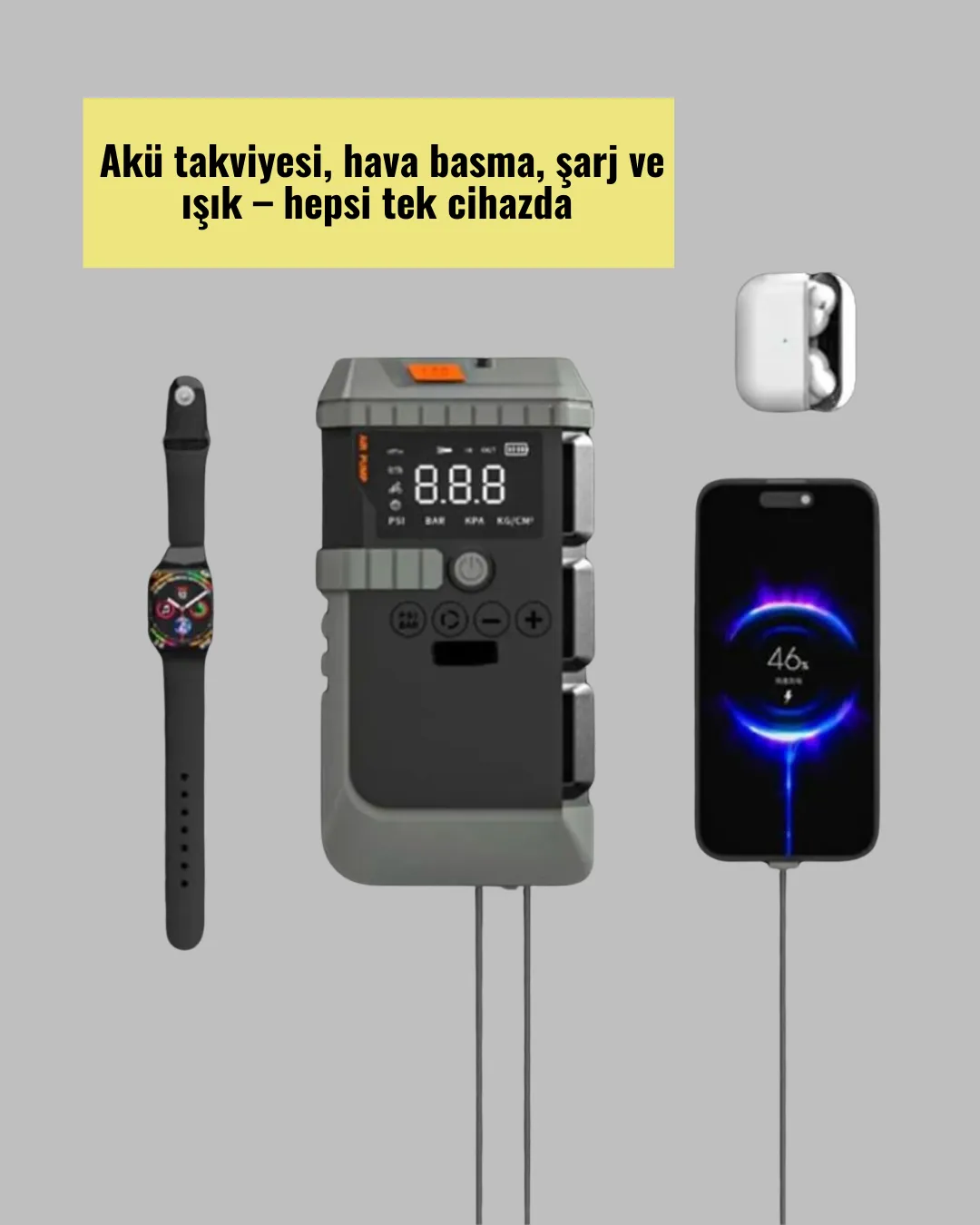 Işıklı Hava Kompresörlü Taşınabilir Akü Takviye Ünitesi