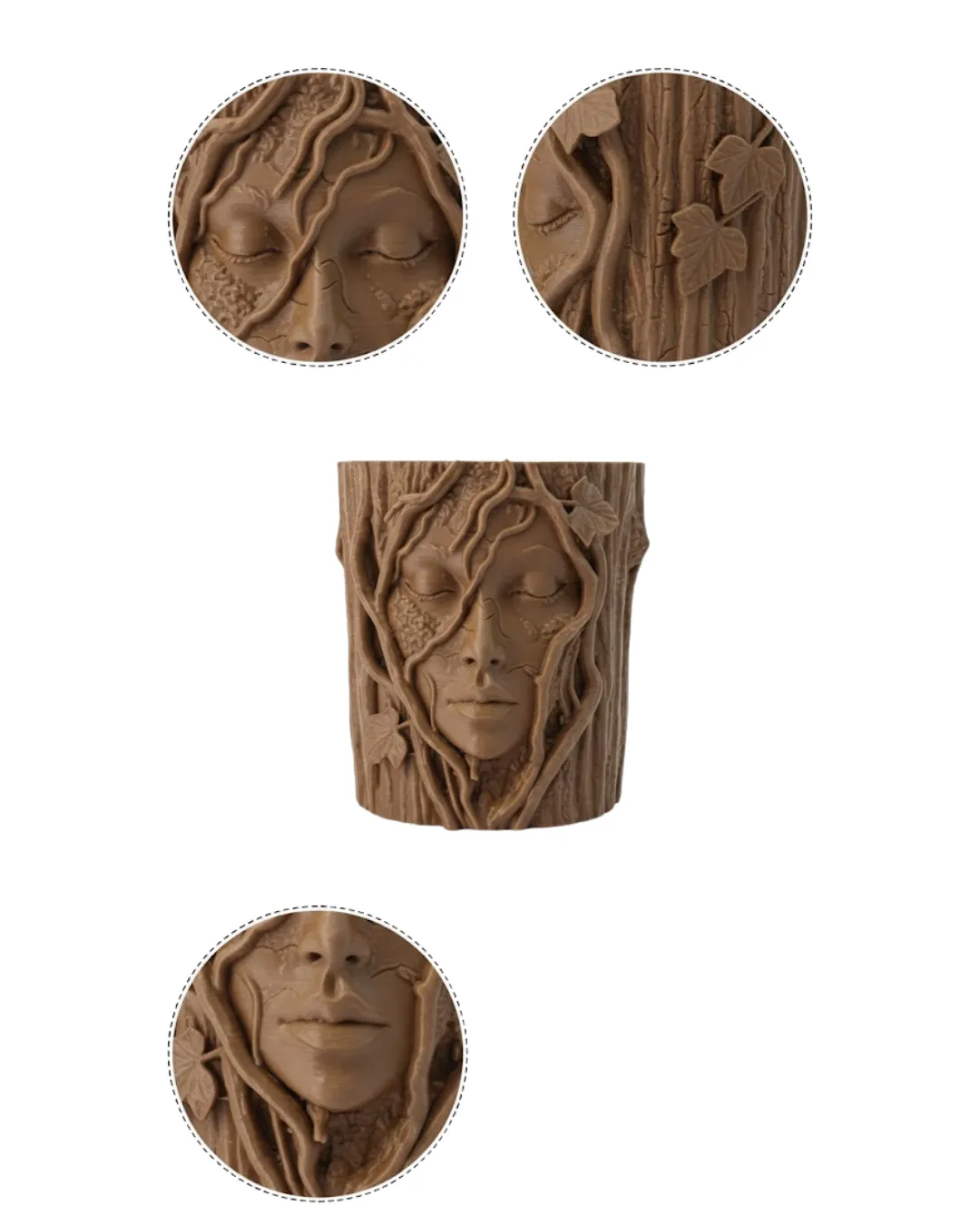 3D Ağaç Gövdesi Formlu Yüz Figürlü Dekoratif Saksı Sanatsal Tasarım Vazo