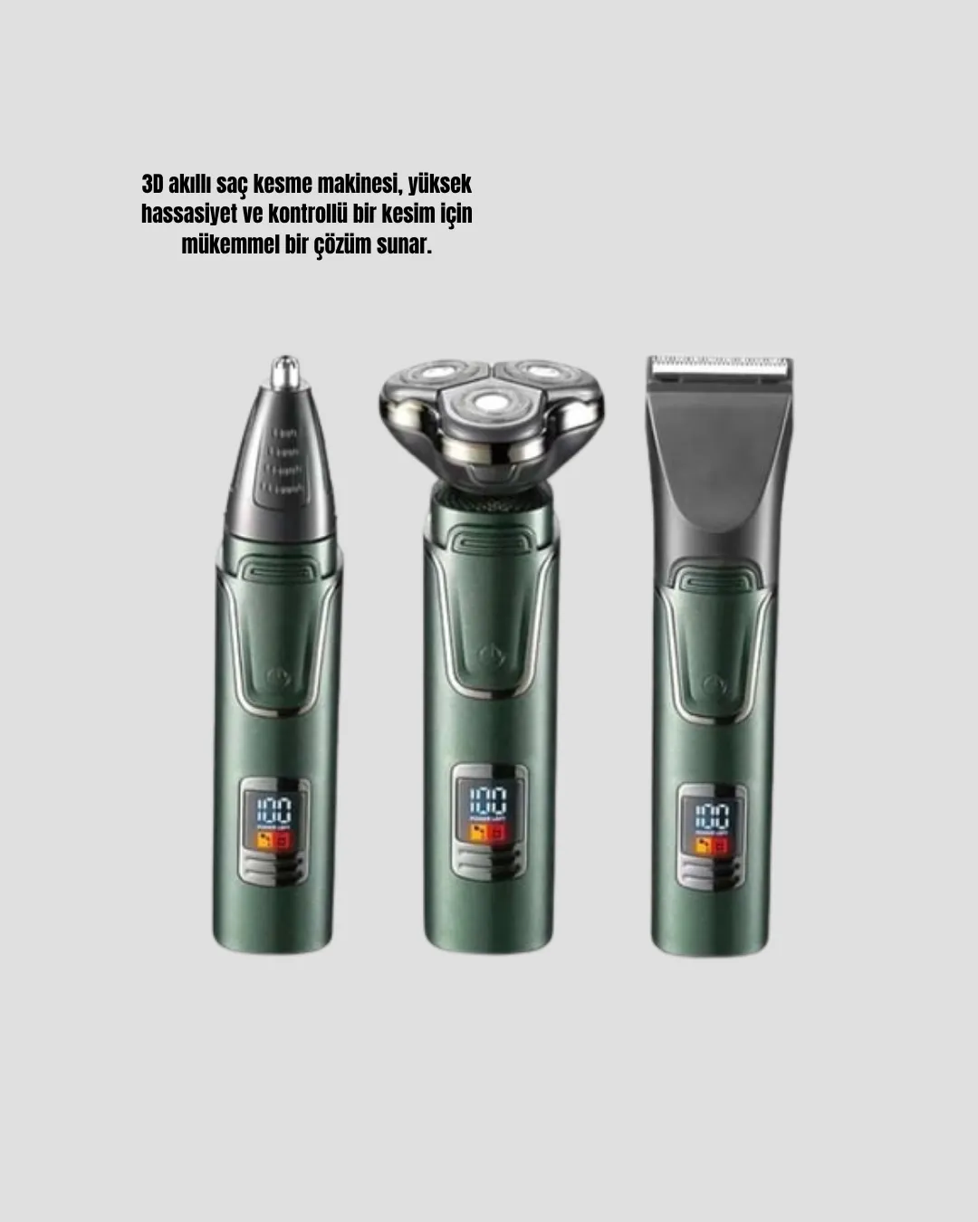3D Akıllı Kesim Teknolojili Şarjlı Tıraş Seti – 3 Başlıklı, Paslanmaz Çelik Bıçaklı