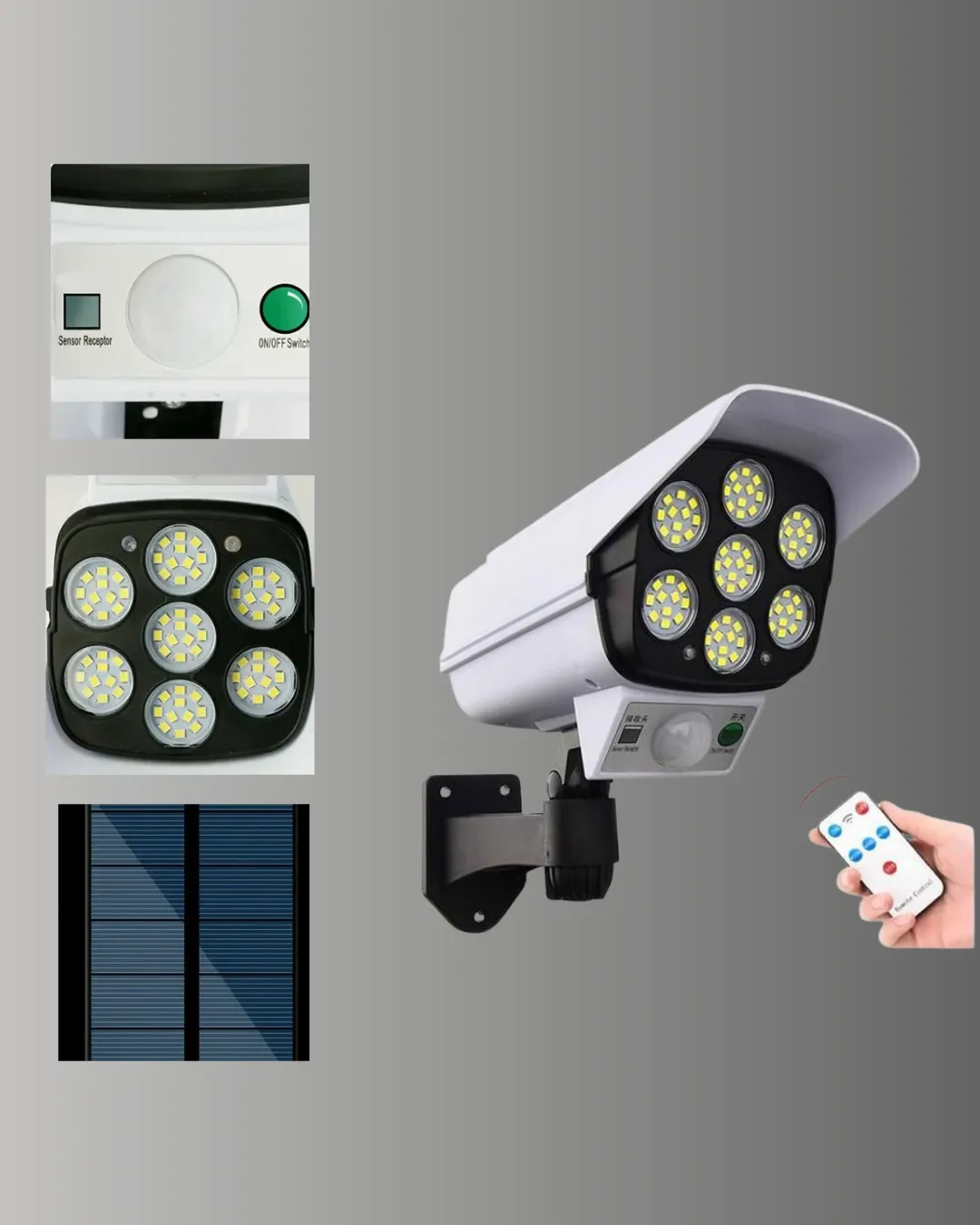 Güneş Enerjili LED Lamba + Güvenlik Kamerası Görünümlü– 5-8 m Hareket Algılamalı, Beyaz Işık