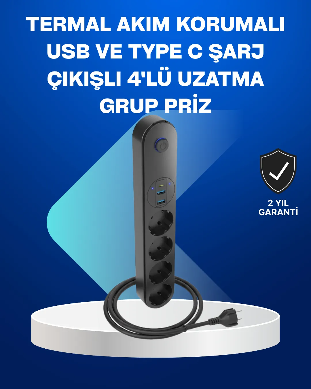 Akıllı Akım Dengelemeli 4’lü Çoklu Priz Type-C ve USB Çıkışlı