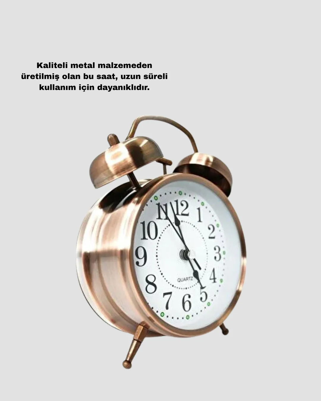 Nostaljik Büyük Boy Metal Masa Saati Bronz Kaplama ve Yüksek Sesli Alarm