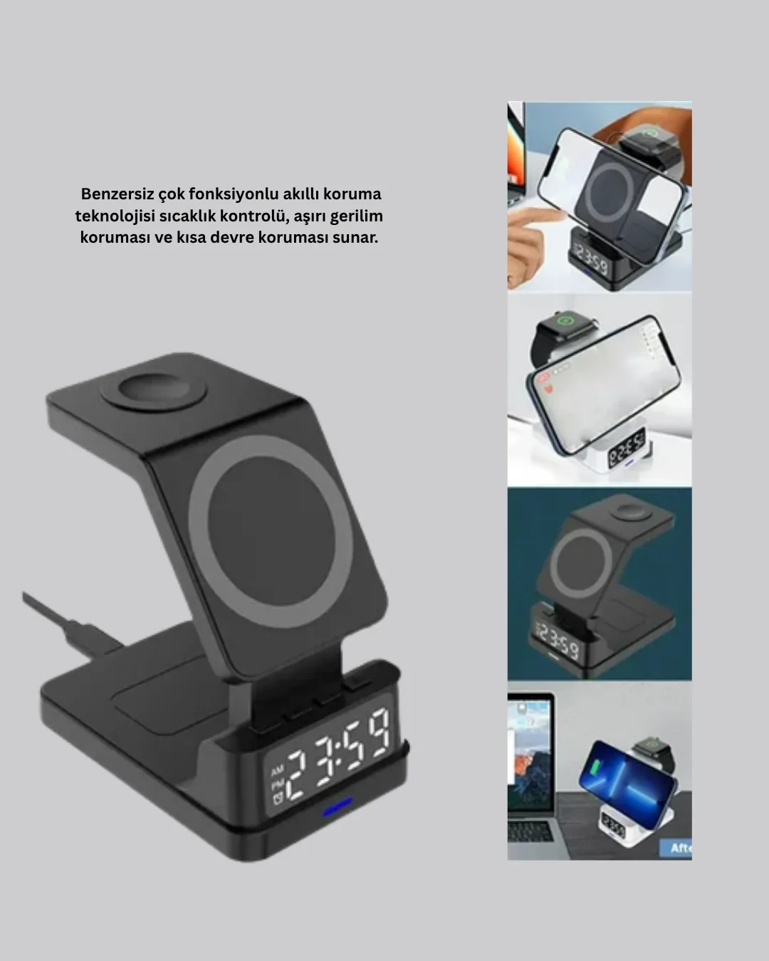 Kablosuz Şarjlı Dijital Masa Saati – 3 Parlaklık Seviyeli LED, Hızlı Şarj, Apple Uyumlu