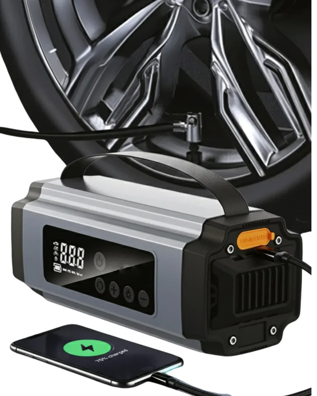 Taşınabilir Akü Takviye Cihazı Dijital Hava Kompresörü Powerbank ve LED Fener Bir Arada