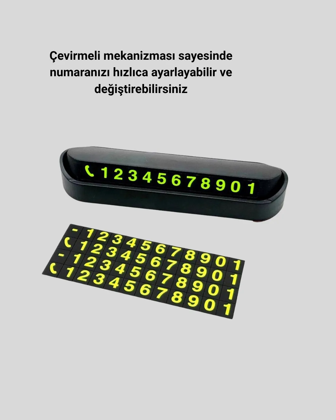 Gri Alüminyum Araç İçi Telefon Numaratörü – Dayanıklı, Modern ve Net Görünürlük Sağlayan Tasarım