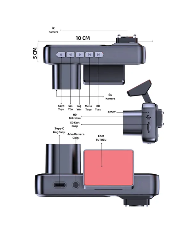 G-Sensör, Hareket Algılama ve Döngüsel Kayıt Özellikli 3'lü Kamera Güvenlik Sistemi
